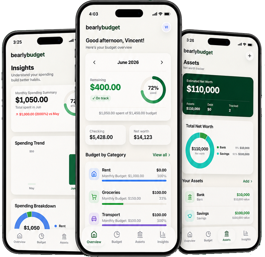 BearlyBudget insights, overview, and assets screens