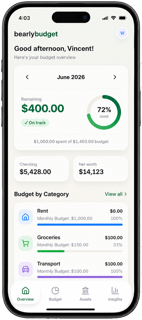 Overview screen showing budget summary and categories