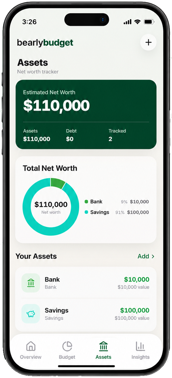 Assets screen with net worth tracker
